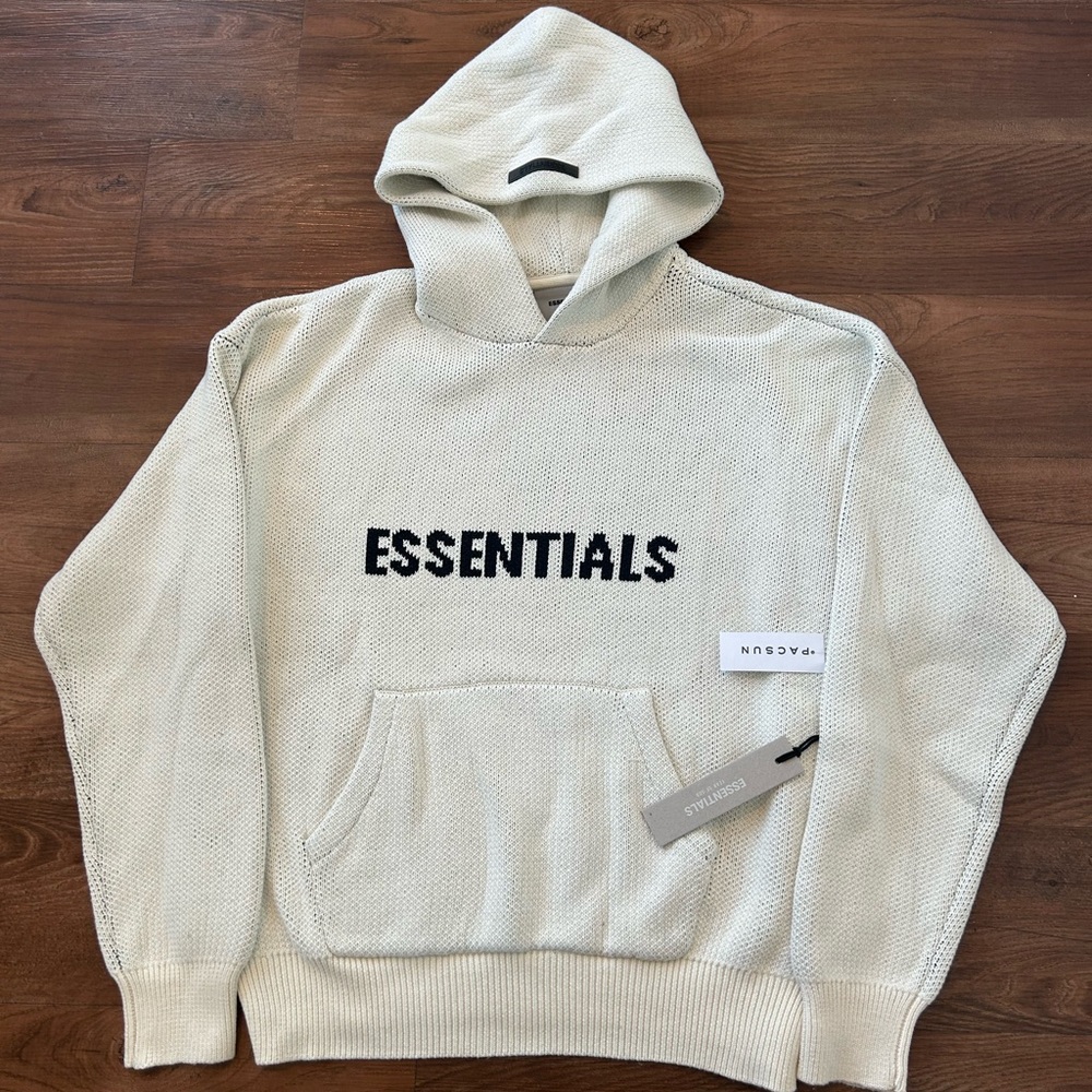Authentic Fear of God Essentials Cream Knit Hooded Pullover Hoodie Size S NWT